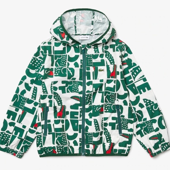 Lacoste Graphic Hooded Jacket in Green and White - Picture 1 of 4